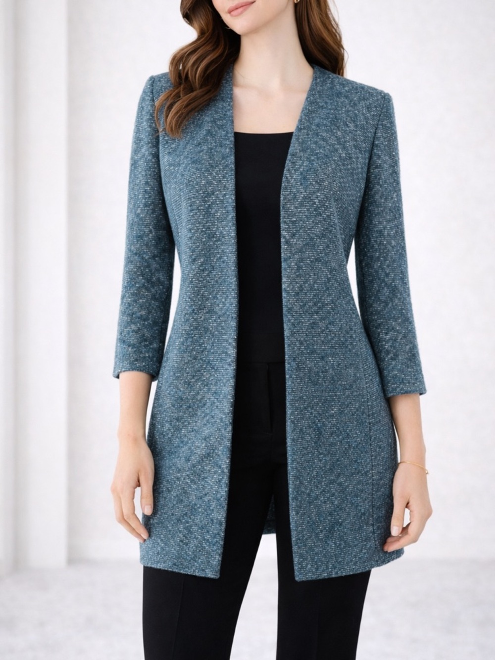 St John Santana Knit Open Front Jacket Teal Marled Career Chic Size 6